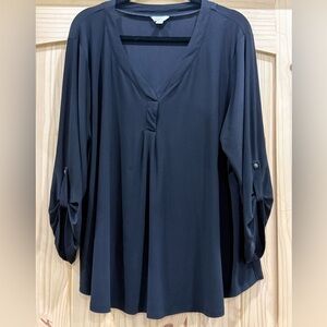Women's Black V-Neck Roll-Sleeve Blouse